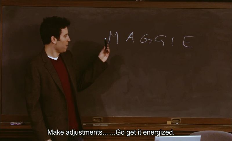 Ted Mosby from How I Met Your Mother writing Maggie on a blackboard