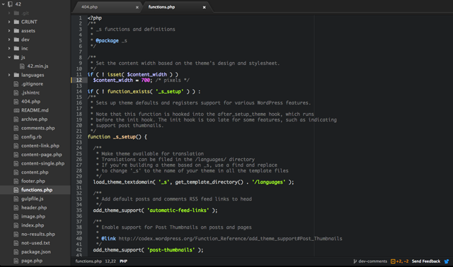 Atom editor displaying functions.php